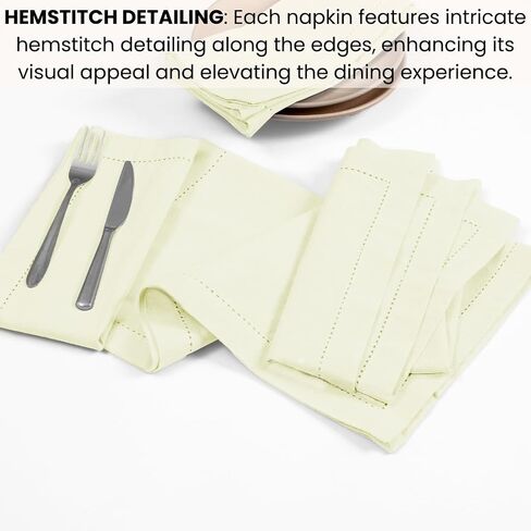 Set of 12 Hemstitch Cloth Napkins 100% Cotton 18x18 inches - Soft Durable Washable - Ideal for Events Wedding Christmas Easter - Perfect Everyday Use Table Dinner Napkins Cream Ivory in Saudi Arabia
