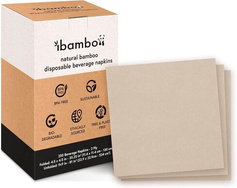 250 Pack 100% Bamboo Cocktail Napkins - 2-Ply FSC Certified Beverage Napkins | Bar Napkins for Home or Commercial Use - 4.5x4.5 Inch Folded Drink Napkins | Disposable Napkins for Serving Drinks in Saudi Arabia