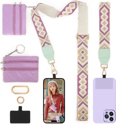 LOUXIFENG Clip and Go Strap للهاتف مع محفظة كروس للنساء، حبل للهاتف الخلوي للهواتف، سلسلة هاتف متقاطعة مع سحاب جلدي قابل للتعديل، سلسلة هاتف حامل شارة in Kuwait