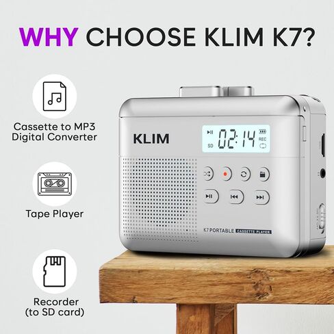 KLIM K7 Cassette Tape Player + Cassette to MP3 Converter + Portable Cassette Player + Walkman Cassette Player + Built-in Microphone & Speaker + Rechargeable Battery + Earphones + 16GB SD Card in Kuwait