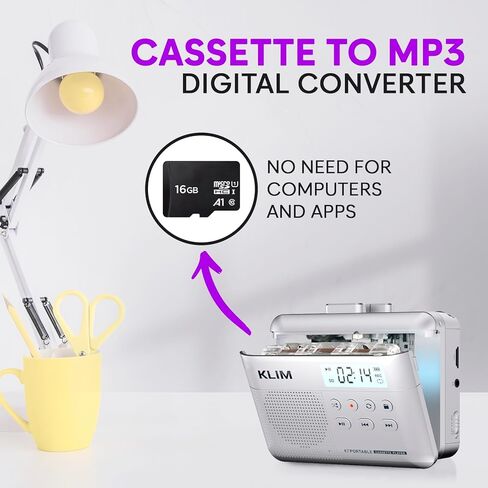 KLIM K7 Cassette Tape Player + Cassette to MP3 Converter + Portable Cassette Player + Walkman Cassette Player + Built-in Microphone & Speaker + Rechargeable Battery + Earphones + 16GB SD Card in Kuwait