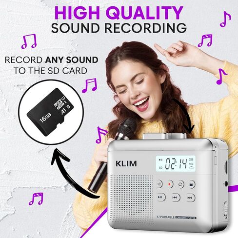KLIM K7 Cassette Tape Player + Cassette to MP3 Converter + Portable Cassette Player + Walkman Cassette Player + Built-in Microphone & Speaker + Rechargeable Battery + Earphones + 16GB SD Card in Kuwait
