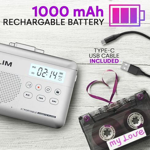 KLIM K7 Cassette Tape Player + Cassette to MP3 Converter + Portable Cassette Player + Walkman Cassette Player + Built-in Microphone & Speaker + Rechargeable Battery + Earphones + 16GB SD Card in Kuwait
