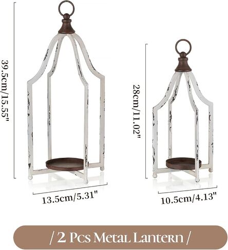 Rustic Metal Lantern Decorative Set of 2, Indoor Hanging Farmhouse Lantern Decor Candle Holder for Table Centerpiece Fireplace Mantle Shelf Porch, 16" & 13" Bulk Home Fall Decoration in Saudi Arabia