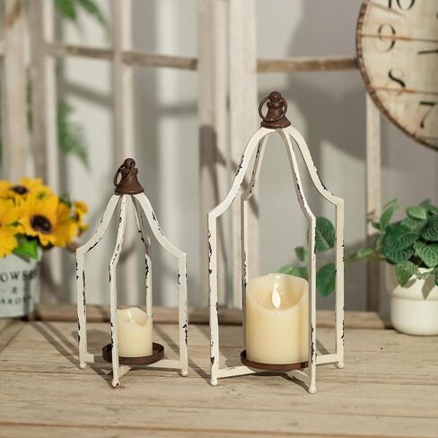Rustic Metal Lantern Decorative Set of 2, Indoor Hanging Farmhouse Lantern Decor Candle Holder for Table Centerpiece Fireplace Mantle Shelf Porch, 16" & 13" Bulk Home Fall Decoration in Saudi Arabia