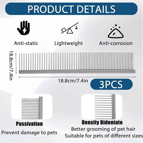 3PCS Dog Combs for Grooming Stainless Steel Metal Pet Comb for Knots, Mats & Loose Hair Removal,Pet Grooming Brush for for Dogs, Cats & Pets – Silver,7.4" in Kuwait
