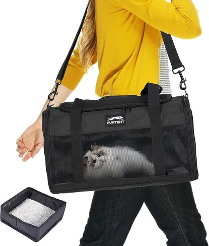 Cat Carrier with Foldable Litter Box for Large Cats and Small Dogs Medium Animal Rabbit Puppy Soft Pet Carrier Portable Airline Approved, Travel for Comfort - Fits Pets Up to 16 lbs - Black in Saudi Arabia