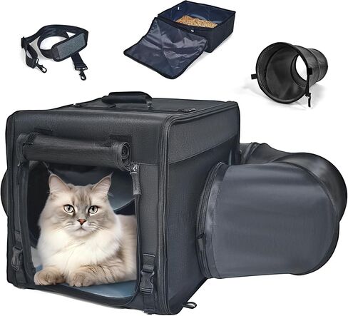 Cat Carrier with Foldable Litter Box for Large Cats and Small Dogs Medium Animal Rabbit Puppy Soft Pet Carrier Portable Airline Approved, Travel for Comfort - Fits Pets Up to 16 lbs - Black in Saudi Arabia