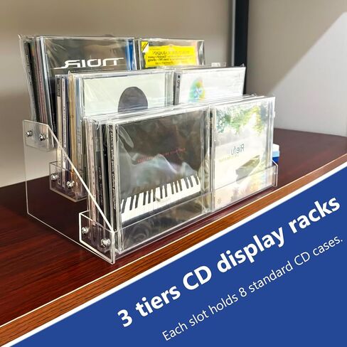 حامل أقراص مضغوطة من الأكريليك الشفاف مكون من 3 طبقات رف تخزين أقراص مضغوطة، رف عرض DVD/CD وحامل تخزين سجل الفينيل يحمل ما يصل إلى 24 حافظة أقراص مضغوطة قياسية لتخزين وتنظيم أرفف الوسائط (شفاف، حجم متوسط) in Kuwait