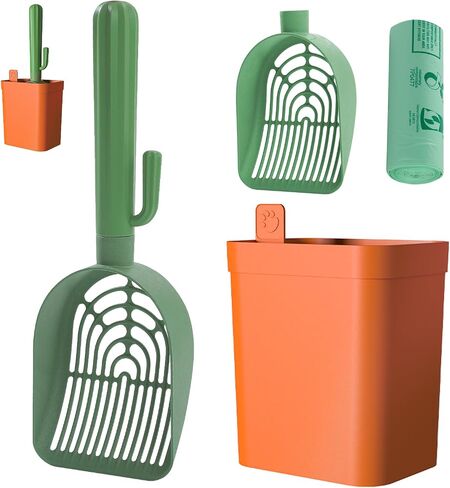 Cactus Cat Litter Scooper with Holder - 2 Replaceable Wheat Straw Plastic Shovels & ABS Handle and Box - Cat Litter Scoop with Bag & Trash Bag Storage - Premium Kitty Litter Scoop Green in Saudi Arabia