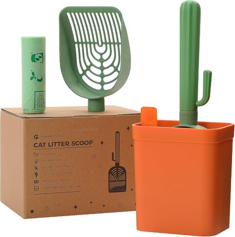 Cactus Cat Litter Scooper with Holder - 2 Replaceable Wheat Straw Plastic Shovels & ABS Handle and Box - Cat Litter Scoop with Bag & Trash Bag Storage - Premium Kitty Litter Scoop Green in Saudi Arabia
