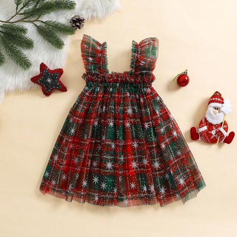 Toddler Girl Christmas Dress Square Neck Sleeveless Layered Tulle Dress Princess Dress Christmas Outfit in Kuwait