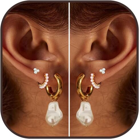 3Pairs Pearl Earring Stacks Dainty 14K Gold Plated Earring Sets for Multiple Piercing Huggie Hoop Earrings for Women Trendy Cartilage Stud Earrings for Teen Girls Jewelry in Saudi Arabia