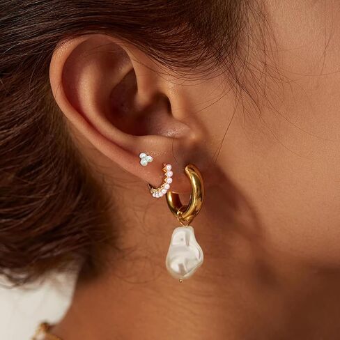 3Pairs Pearl Earring Stacks Dainty 14K Gold Plated Earring Sets for Multiple Piercing Huggie Hoop Earrings for Women Trendy Cartilage Stud Earrings for Teen Girls Jewelry in Saudi Arabia