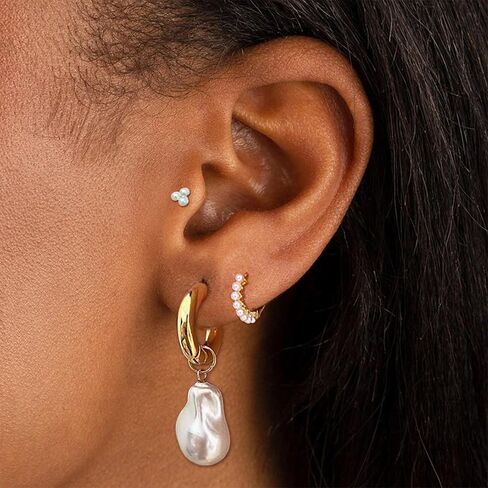 3Pairs Pearl Earring Stacks Dainty 14K Gold Plated Earring Sets for Multiple Piercing Huggie Hoop Earrings for Women Trendy Cartilage Stud Earrings for Teen Girls Jewelry in Saudi Arabia
