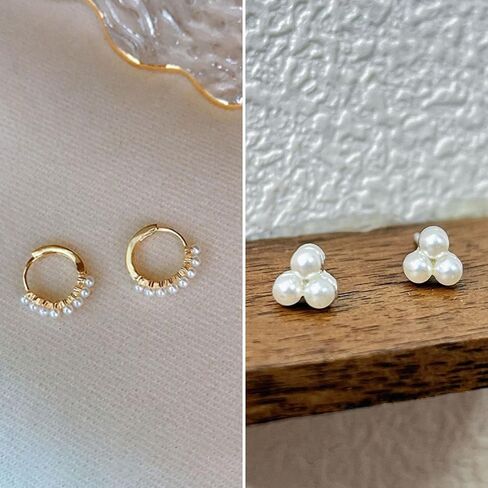 3Pairs Pearl Earring Stacks Dainty 14K Gold Plated Earring Sets for Multiple Piercing Huggie Hoop Earrings for Women Trendy Cartilage Stud Earrings for Teen Girls Jewelry in Saudi Arabia