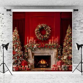 Kate Christmas Fireplace Photo Backdrop Indoor Retro Brown Background Red Wall Christmas Trees Gifts Photo Background Studio Props,10x6.5ft