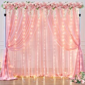 10ft x 10ft Ivory Chiffon Backdrop Curtain with Lights String for Parties,2 Panels Sheer Tulle Curtain Wedding Photo Backdrop with Lights for Baby Shower Birthday Party Ceremony Home Decorations in Saudi Arabia
