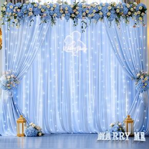 10ft x 10ft Champagne Chiffon Backdrop Curtain with Lights String for Parties,2 Panels Sheer Chiffon Curtain Wedding Backdrop with Lights for Baby Shower Birthday Ceremony Reception Home Decorations