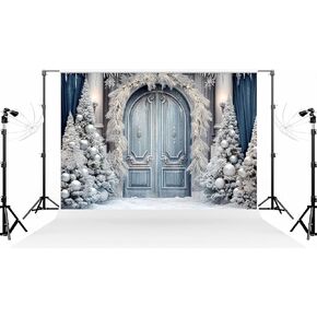 Kate 10×10ft (3×3m) Silver Blue Christmas Tree Photo Backdrop Bells Indoor Snow Scenery Xmas Blue Door Curtain Deco Photography Background for Christmas Photographer Studio Props