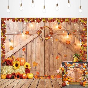 Fall Harvest Barn Backdrop Autumn Thanksgiving Wooden Farm Door Photography Background Rustic Pumpkin Maple Leaves Baby Shower Birthday Party Decorations Supplies 7x5FT in Kuwait