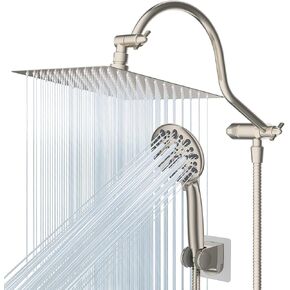 Hibbent 12'' All Metal Shower Head, High Pressure Rainfall Shower Head/Handheld Showerhead Combo/ 12'' Adjustable Curved Shower Extension Arm, 7-Spray, 71'' Adhesive Showerhead Holder, Brushed Nickel
