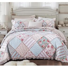 DaDa Bedding Cottage Patchwork Cotton Floral Bedspread Quilt Set - Hint of Mint Dainty Quilted Blooming Garden Botanical - Multi Colorful Ruffle Pastel Light Pink Blue/Green - Cal King - 3-Pieces