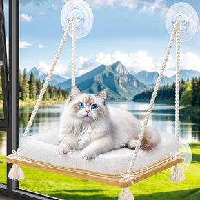 Cat Window Perch Cat Hammock for Window Cat Window Seat with Cushion Bed Cover Solid Wood Seat with Strong Suction Cups Hanging Cat Bed for Small Medium Indoor Cats