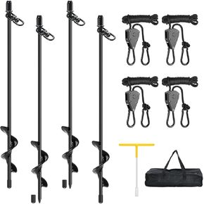 Tent Stakes Heavy Duty Ground Anchors Screw in, 17.7 Inch Set of 8 Earth Anchor with 8PCS Retractable Heavy Duty Ratchet Tie Down, Swing Set Anchors for Tent, Trampoline, Mobile Home, Sheds