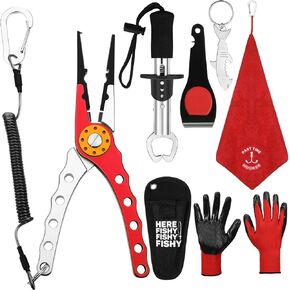 8 Pieces Fishing Tools Kit Fish Hook Remover Set Include Fishing Pliers Fish Lip Gripper Multifunction Scissors Fishing Gloves Towel Keychain Hook for Men Women Fishing Gifts