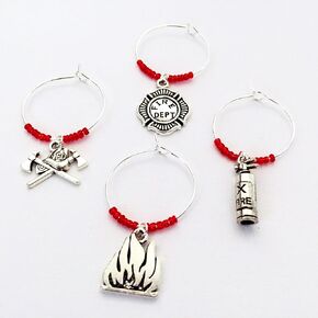 Firefighter themed Wine Charms, wine gift for fire fighter. Includes Helmet and Axe, Fire Dept Emblem, Flame, Fire Extinguisher, and Hydrant. Set of 5. RED BEADS.