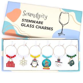 Winter Wine Glass Charms, Winter Glass Markers, Snowman, Hat, Mittens, Snowflake, Penguin, Set of 6 in Gift Box
