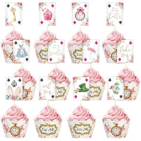 96 Pack Alice Cupcake Toppers and Cupcake Wrappers with Sticks and Glue Point Double-Sided Fairy Tale Themed Dessert Decorations for Wedding Birthday Party Supplies