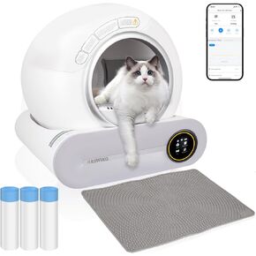 Self-Cleaning Litter Box, Automatic cat Litter Box,65 L +9 L Large Capacity self-Cleaning Litter Box,APP Controlled/Suitable for Multiple Cats - White,Three Rolls of Garbage Bags & a mat