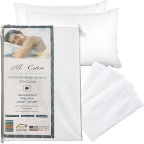 National Allergy Premium 100% Cotton Zippered Pillow Protector - King Size - White - 4 Pack - 300 Thread Count - Hypoallergenic Bed Pillowcase with Zipper - Breathable Encasement Cover
