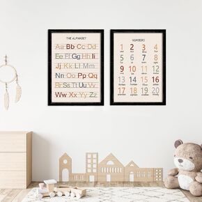 Framed Alphabet Numbers Wall Art Decor Set of 2, Nursery Preschool Education Poster, Wooden Wall Hanging Sign Decoration for Home Living Room Baby Bedroom Toddler Playroom