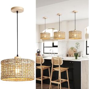 Hand-Woven Rattan Pendant Light, 11.8" Bohemian 1-Light Natural Wicker Hanging Lighting Fixture Ceiling Farmhouse Basket Hanging Lamp Chandelier for Kitchen Island, Living Dining Room