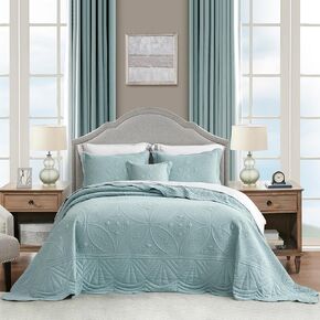 Oversized Bedspread - King Size Bedding Cover - Modern & Contemporary Coverlet Set, Real Stitching, Reversible, Lightweight, 4 Piece, Seaglass