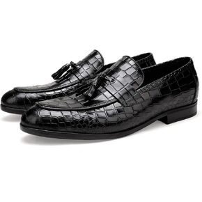 Mens Leather Tassel Shoes, Classic Formal Crocodile Printed Tassel Business Dress Shoes Party Loafers for Men