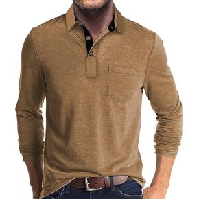 FANARCHER Men's Casual Polo Shirts Classic Long Sleeve Shirt Solid Color Button T-Shirts Cotton Tees Golf Stylish Tops