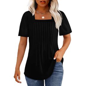 OFEEFAN T Shirts for Women Pleated Square Neck Dressy Casual Blouses Puff Short Sleeve Summer Tops Loose Fit
