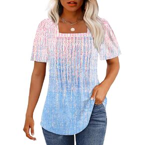 OFEEFAN T Shirts for Women Pleated Square Neck Dressy Casual Blouses Puff Short Sleeve Summer Tops Loose Fit