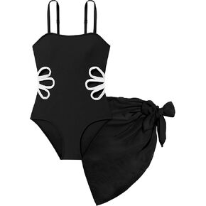 Girls Swimsuit, Adjustable Straps Cut Out One Piece Bathing Suit with Solid Color Cover Up Skirt Girls' Swimwear