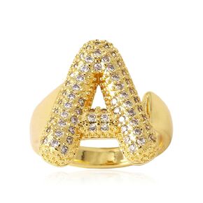 Gold Initial Ring for Women Rhinestone Letter Open Rings Gold Chunky Ring Adjustable Puffy Initial Ring for Party Birthday Jewelry Gifts