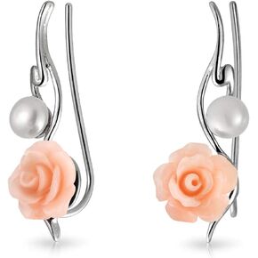 Trendy 3D Pink Red Rose Flower White Freshwater Cultured Pearl Wire Ear Pin Climbers Crawlers Earrings For Women .925 Sterling Silver