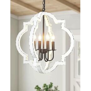 21.7" Farmhouse Wood Chandelier Light Fixture, 4-Light Handmade Distressed White Geometric Hanging Pendant Lighting for Dining Room, Kitchen Island, Entryway, stairwell (Colour: White)