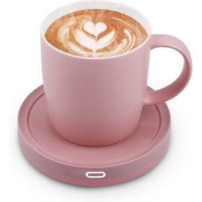 BESTINNKITS Smart Coffee Set Auto On/Off Gravity-Induction Mug Office Desk Use, Candle Wax Cup Warmer Heating Plate (Up to 131F/55C), 14oz (Pink Set)