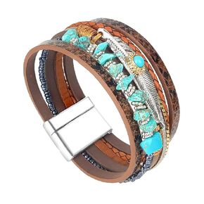 Turquoise Bracelet for Women, Boho Western Bracelet for Turquoise Jewelry, Leather Wrap Multi-Layer Turquoise Bracelet Bangle Jewelry (Brown)