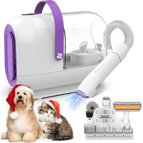 Dog Grooming Kit&Vacuum, 3L Pet Grooming Vacuum 99% Pet Hair Suction, 5 Grooming Tools, 5 Combs, Quiet Pet Vacuum Groomer with Hair Roller, Massage Nozzle for Shedding Dogs,White&Purple