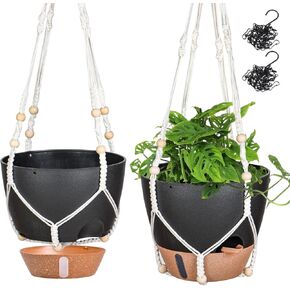 Hanging Planter 10 Inch, 2 Pack Hanging Baskets for Plants Indoor, Hanging Flower Pots with Drainage Hole, Visual Reservoir & 2 Kinds of Plant Hangers for Outdoor Garden Home Decor, Green